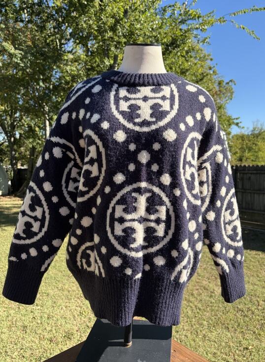 Tory Burch Sweaters - Tory Burch Sport Blue Chunky Knit Wool Blend Logo Sweater Oversized XS Rare